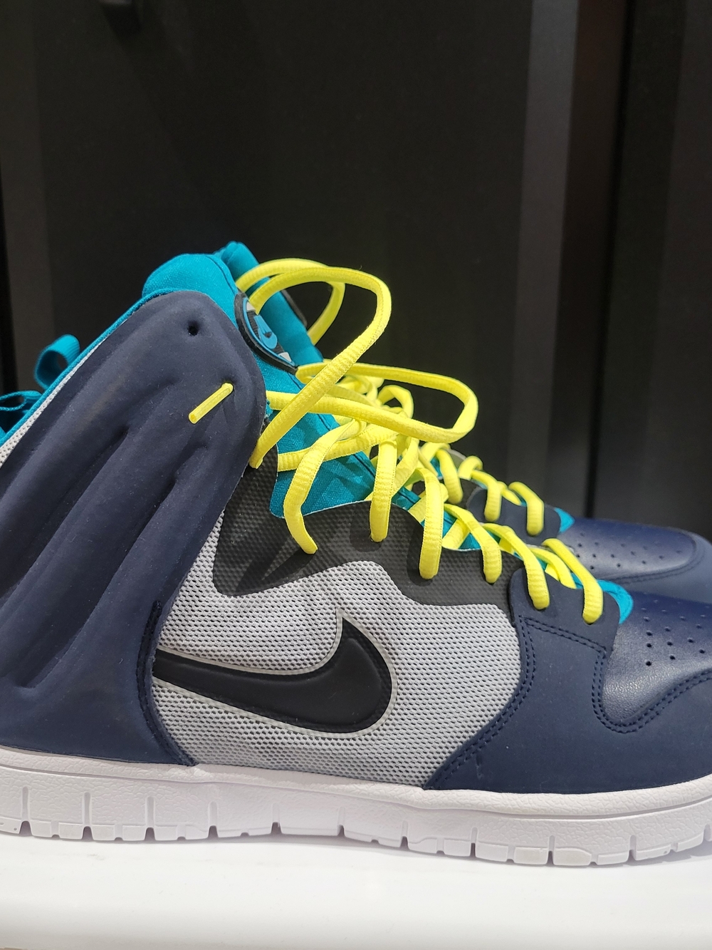 Nike Dunk Free High-Top Sneakers in Navy, Gray, Teal & Neon Yellow